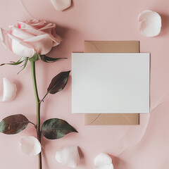 Fototapeta premium 3d rendered photos of a simple, minimalistic flat lay with a large blank greeting card in the center romantic made with generative AI