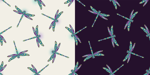 Seamless patterns with fantasy colored flying dragonflies with spread wings in Art Nouveau style. Set of patterns on black, white background.