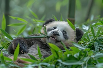 Fototapeta premium A playful panda cub rolling on its back in a lush bamboo forest, holding a bamboo shoot in its mouth. Background: green bamboo stalks and leaves