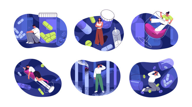 Harmful addictions set. Unhappy people with bad habits, unhealthy lifestyle. Men and women suffer from abuse alcohol, smoking cigarette, drugs. Flat isolated vector illustrations on white background