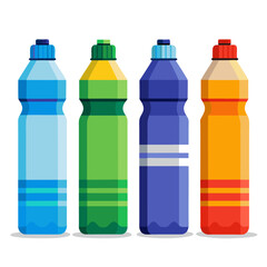 Four different colored water bottles on white background