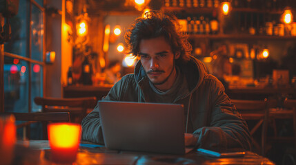 Fototapeta premium a man sitting in a restaurant using a laptop, focused on his work.
