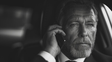 a man in a suit and tie talking on a cell phone while sitting in seat of a car.