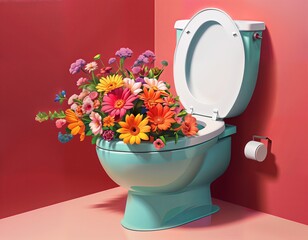 toilet with a floral arrangement in it. The toilet is blue and white, and the flowers are colorful.