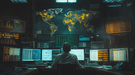 Brokers in an office, deeply involved in stock market analysis, surrounded by screens showing financial graphs and exchange rates.