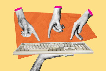 Trend artwork sketch image composite collage of monochrome hand appear hold keyboard write finger...