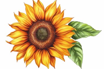 Fototapeta premium A stunning illustration of a sunflower in full bloom, showcasing its bright yellow petals and dark brown center on a clean white background. Perfect for nature lovers and floral enthusiasts.
