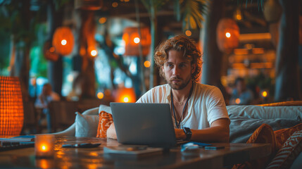 Obraz premium a man sitting in a living room using a laptop, focused on his work.