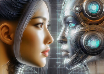 Naklejka premium Futuristic woman and AI face to face. Human vs Artificial intelligence