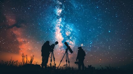 Astronomers in silhouette, telescopes directed at a night sky full of stars and the Milky Way, capturing the serene exploration scene, raw style