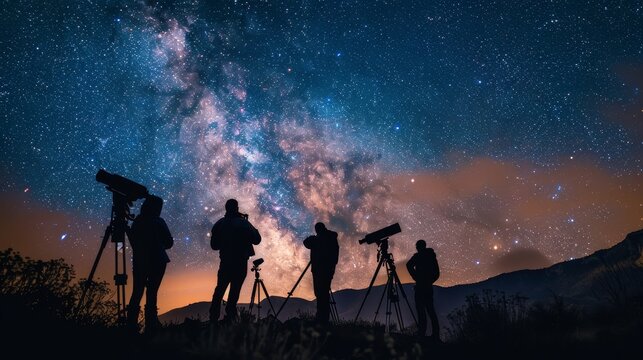 Astronomers in silhouette, telescopes directed at a night sky full of stars and the Milky Way, capturing the serene exploration scene, raw style