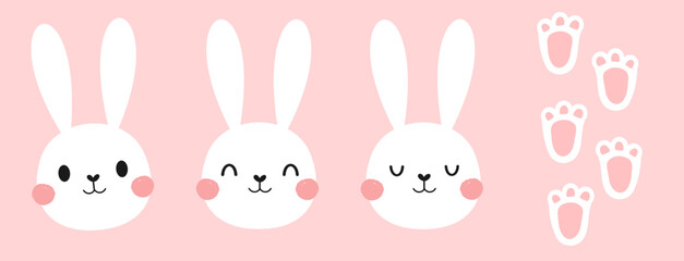 Set of bunny rabbit cartoons and foot prints icon set on pink background vector.