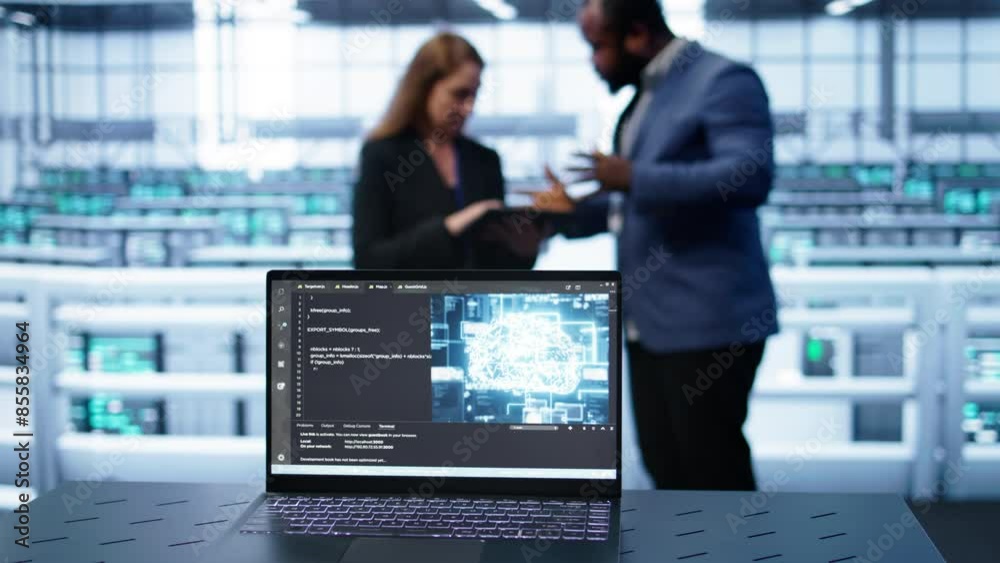 Fototapete Laptop in data center establishment with artificial intelligence computing simulating human brain. Close up shot of notebook displaying AI machine learning algorithms, camera B