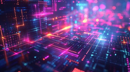 Fototapeta premium Cyber digital abstract internet background, emphasizing network communication and technology connections, neon colors and geometric shapes