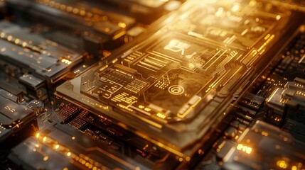 Digital gold bar fused with a graphical motherboard interface and biometric prints, high-tech concept, raw finish