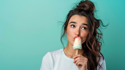Young woman eating ice cream isolated on blue green background