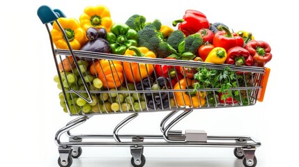 Metal shopping cart with grocery items. Isolated over white background. 