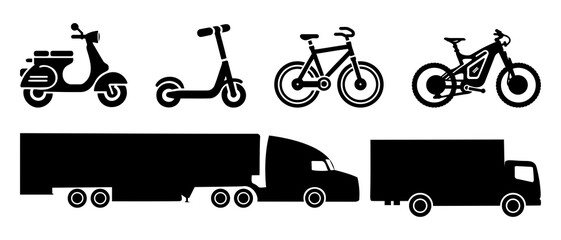 Transport vehicle scooter, bicycle and cargo truck side view silhouette black filled vector Illustration icon