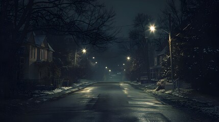 Empty Snowy Street at Nightfall Streetlights Casting Long Shadows in a Quiet Small Town
