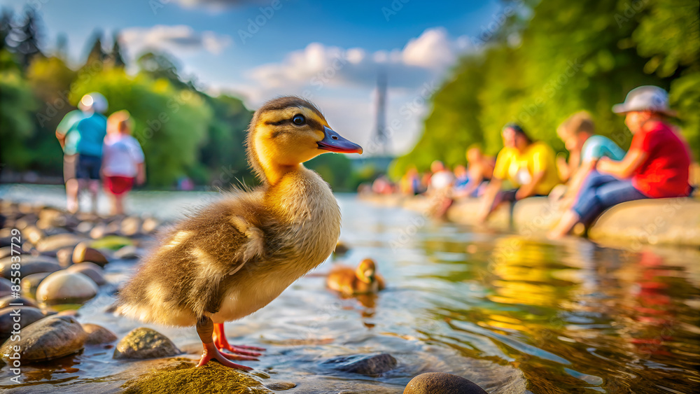 Wall mural tiny duckling by the river among people looking for his mom