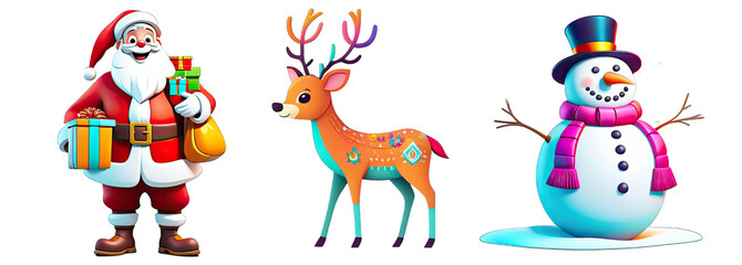 Obraz premium New Year, Christmas set of cartoon pictures on a transparent background. Santa Claus with gifts, cheerful snowman and Christmas reindeer. Great for holiday decorations or as stickers