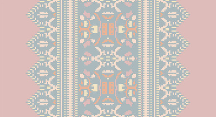 Folk embroidery cross stitch geometric floral pattern. Vector ethnic geometric floral shape seamless pattern. Folk floral embroidery pattern use for textile, home decoration elements, upholstery, etc.