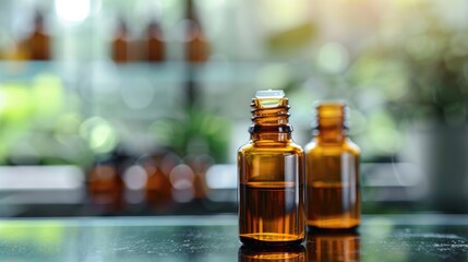 Focus on Phosphoric acid solution in amber bottle with blurred laboratory background