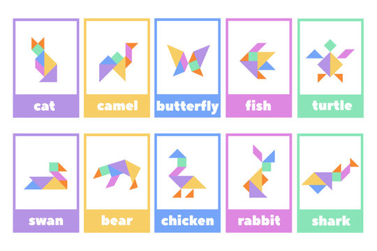 Tangram puzzle for children.A set of educational cards of tangram animals and birds.Colorful geometric collection with isolated objects.Various icons on a white background.Vector illustration.