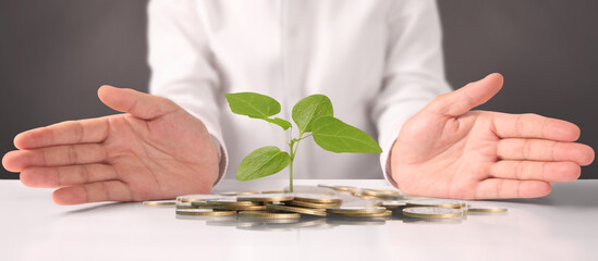 Businessman holding plant sprouting from a handful of coins
