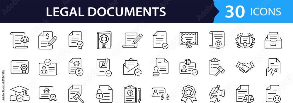 Aufkleber Legal documents set of web icons in line style. Document linear icons collection. Containing passport, contract, agreement, ID card, certificate, license, law, justice. Editable stroke