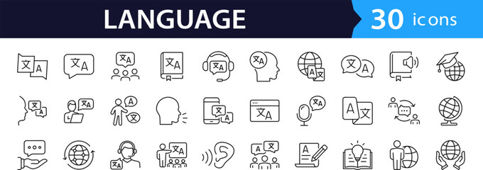 Language set of web icons in line style. Translation and communication linear icon collection. Containing translate, writing, speech, speaking, dictionary, text, language. Editable stroke © SMUX