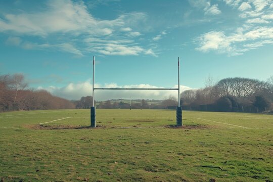 A tranquil rugby field lies empty, awaiting the arrival of players. The goalposts stand tall, ready for action.