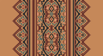 Folk embroidery cross stitch geometric floral pattern. Vector ethnic geometric floral shape seamless pattern. Folk floral embroidery pattern use for textile, home decoration elements, upholstery, etc.