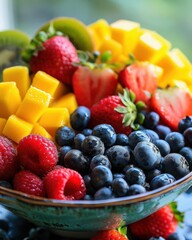 A colorful bowl of fresh summer berries like strawberries, blueberries and raspberries
