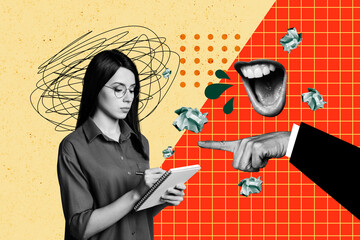 Creative abstract template collage of bullying boss reprimand scolding employee mouth scream...