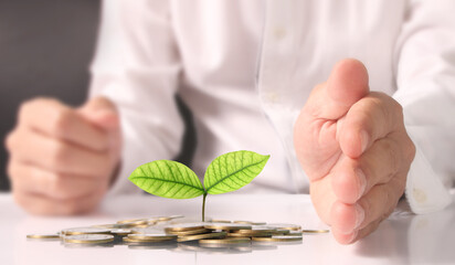 Businessman holding plant sprouting from a handful of coins
