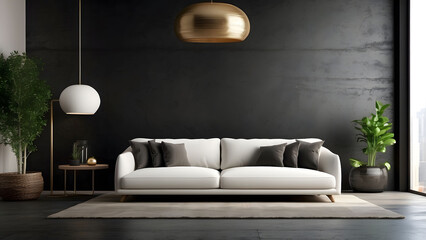 Minimalist living room with black wall