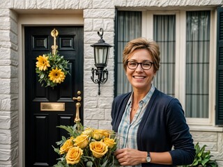 happy bed and breakfast host welcoming guests