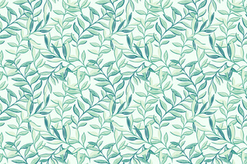 Obraz premium Abstract artistic jungle pattern with creative branches leaves. Pastel mint botanical contemporary seamless print. Vector hand drawing illustration. Designs for fabric, cover, textiles, fashion