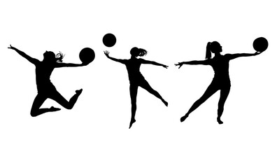 set of silhouettes of a sports woman with a ball