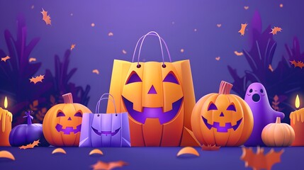 Halloween Sale Promotion Poster template with Halloween pumpkins,cute ghost,coupon,shopping bag .Website spooky or banner template.Vector illustration eps 10 There is space for text.