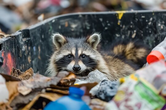 Racoon searching food in the waste