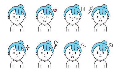 シンプルなお団子ヘア女性の表情セット_水色