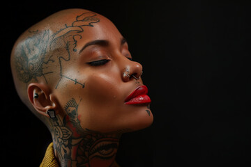 African American woman with shaved head and face tattoos and piercings