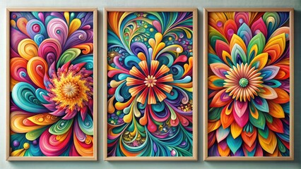 Vibrant trio of abstract floral posters boasting swirling multicolored petals and organic shapes, adding a splash of modern whimsy to any room's decor.