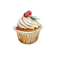 Christmas muffin with red berries and cream. Hand drawn watercolor illustration isolated on white. For New Year cards, invitations, banners, posters.