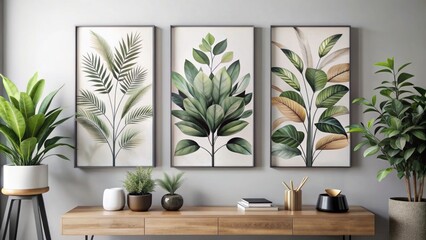 Elegant abstract foliage design on white and black canvases, showcasing intricate plant art in a modern minimalist style, perfect for home decor inspiration.