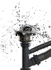 Drain sink leak water from pipe plumbing in bathroom as water splash clogged drop. Pouring Leaking...