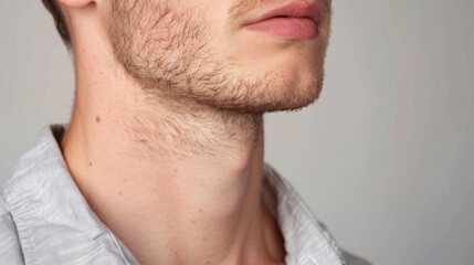 Obraz premium A man with a beard and a mustache is looking at the camera. Concept of confidence and self-assurance, as the man's facial hair is well-groomed and he is posing for the camera