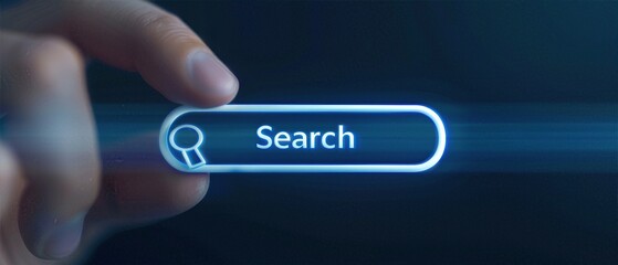 Hand touching virtual search bar with glowing effect, representing online search and digital technology concepts.